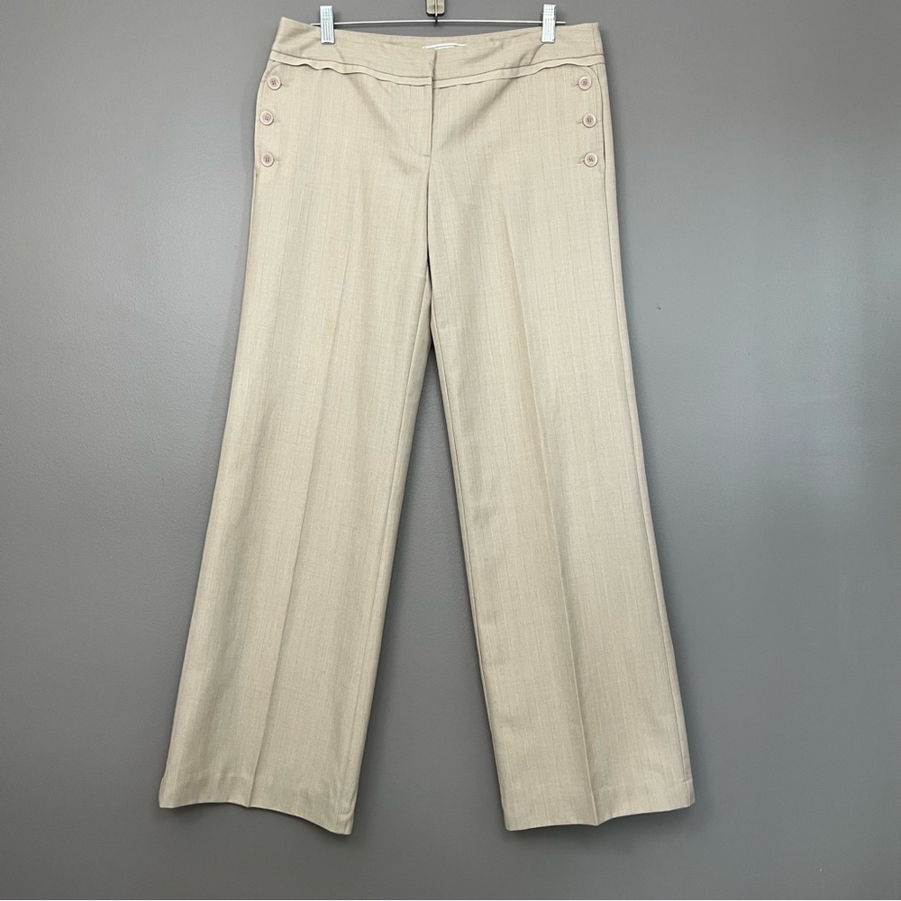 To The Max Beige Pinstripe Wide Leg Trousers Size 12 Button Detail Career Pants